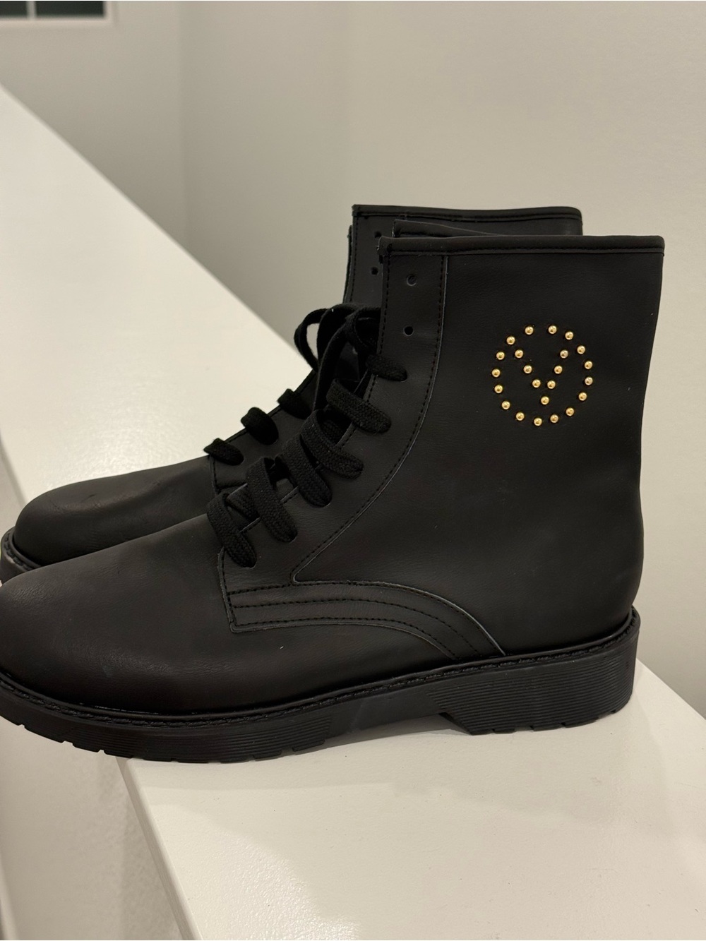 Valentino Black Combat Boots with Gold Stud Logo Size 10 - Picture 5 of 12